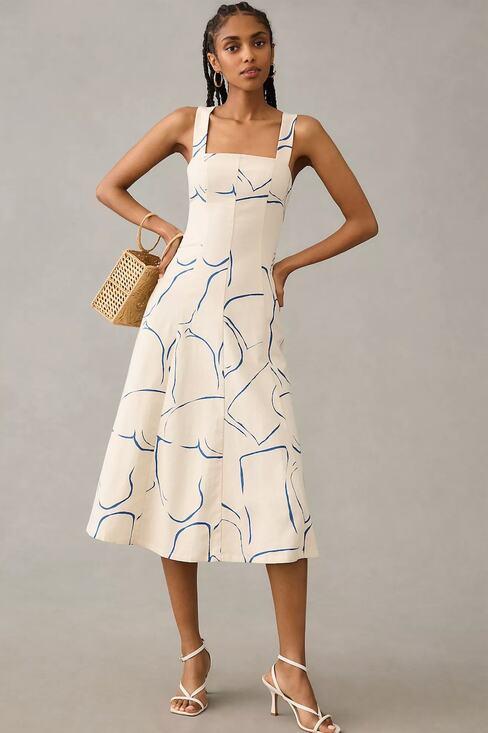 Corey Lynn Calter Dresses & Skirts - Corey Lynn Calter Printed Square Neck Cotton Linen Blend Midi Dress Size Large